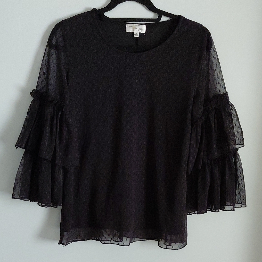 Black Mesh Lace Blouse Tiered Ruffle Bell Sleeve Top Whimsigoth Witchy Goth